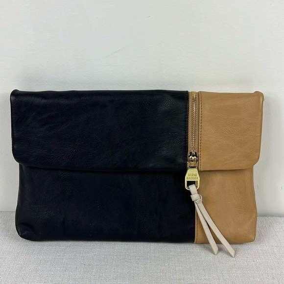 Vintage Steve Madden Clutch Handbag Tan Black Missing Crossbody Strap - Picture 1 of 10